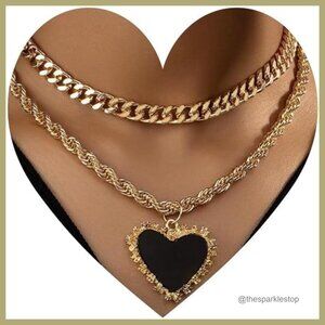Gold Plated Layered Necklace Set with Black Heart Pendant, Cuban Link and Rope